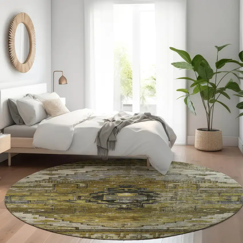 8' Brown Ivory And Gray Round Tribal Washable Indoor Outdoor Area Rug Photo 7