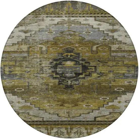 8' Brown Ivory And Gray Round Tribal Washable Indoor Outdoor Area Rug Photo 3