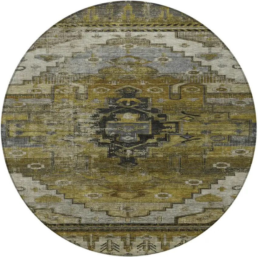 8' Brown Ivory And Gray Round Tribal Washable Indoor Outdoor Area Rug Photo 3