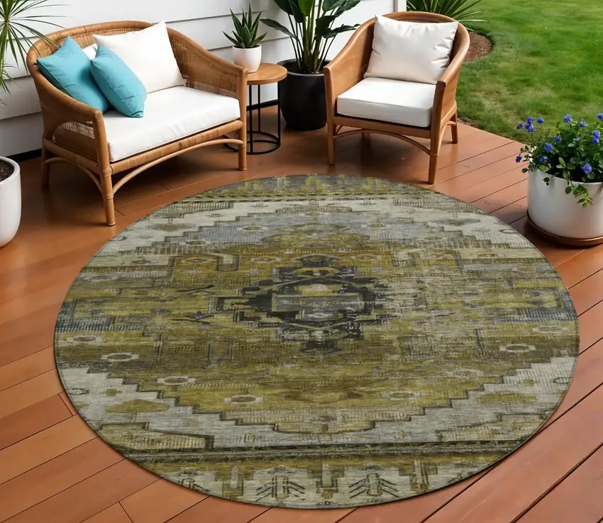 8' Brown Ivory And Gray Round Tribal Washable Indoor Outdoor Area Rug Photo 2