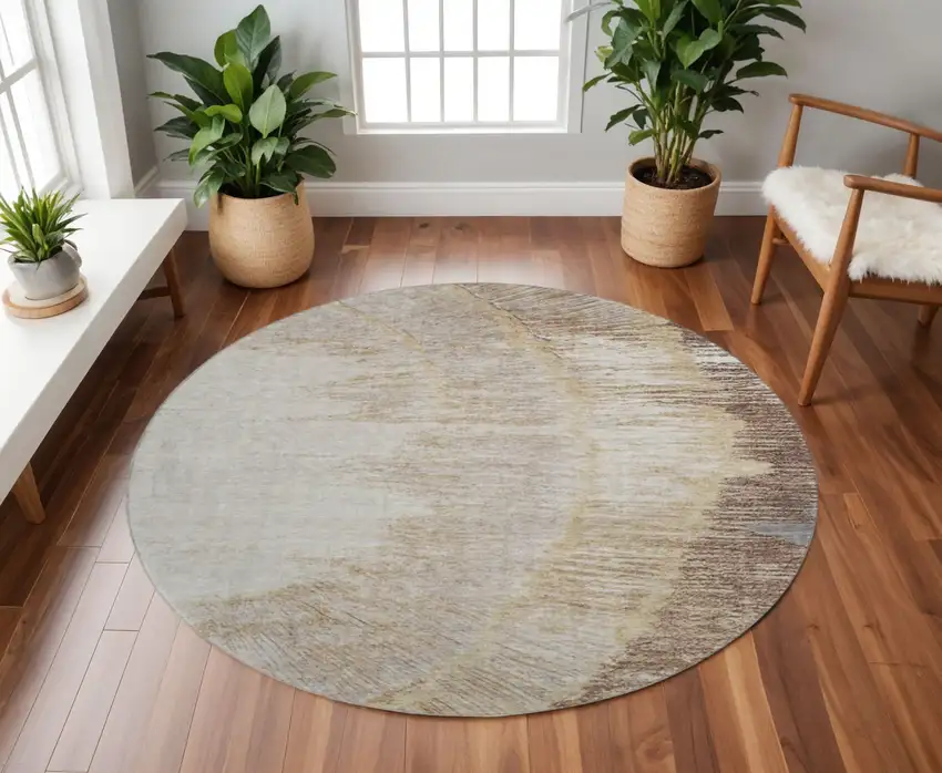 8' Brown Ivory And Gray Woodland Lodge Washable Round Rug With UV Protection Photo 2
