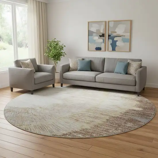 8' Brown Ivory And Gray Woodland Lodge Washable Round Rug With UV Protection Photo 1