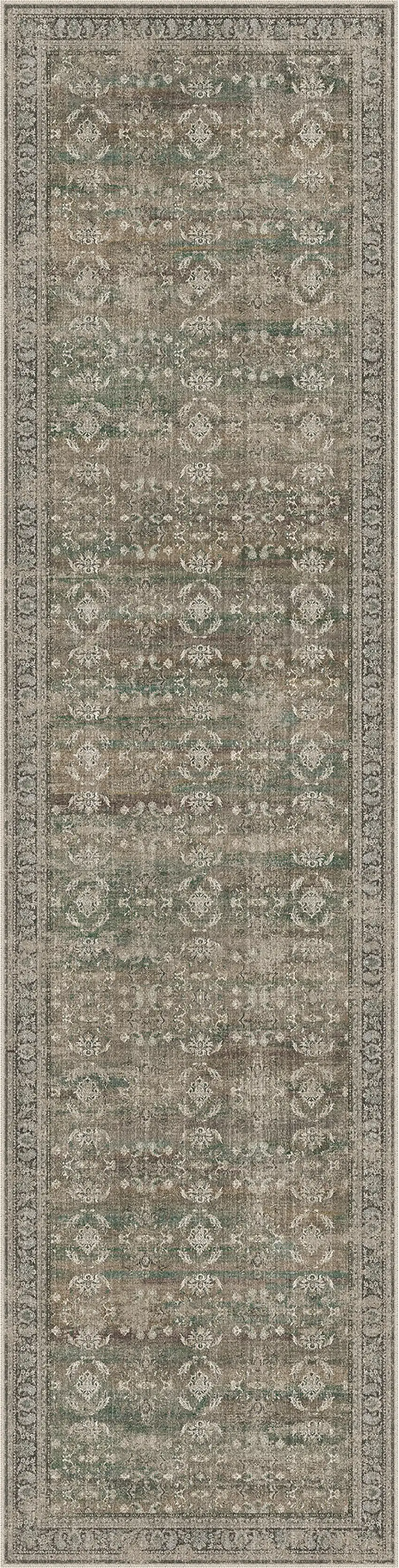 8' Brown Ivory And Green Floral Medallion Distressed Washable Runner Rug Photo 2