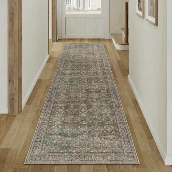 8' Brown Ivory And Green Floral Medallion Distressed Washable Runner Rug Photo 4
