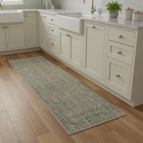 8' Brown Ivory And Green Floral Medallion Distressed Washable Runner Rug Photo 1