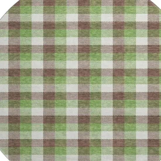 8' Brown Ivory And Green Plaid Washable Round Rug With UV Protection Photo 2