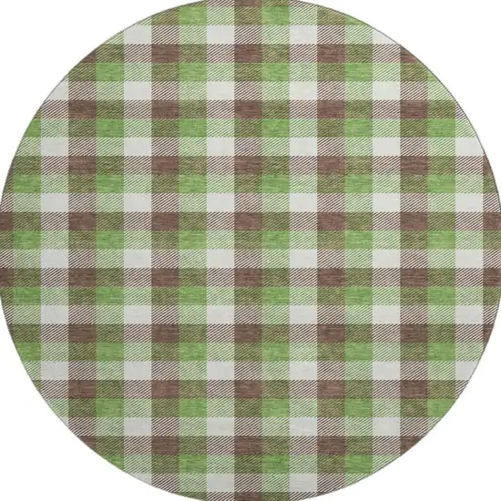 8' Brown Ivory And Green Plaid Washable Round Rug With UV Protection Photo 3