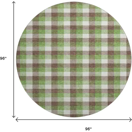 8' Brown Ivory And Green Plaid Washable Round Rug With UV Protection Photo 9