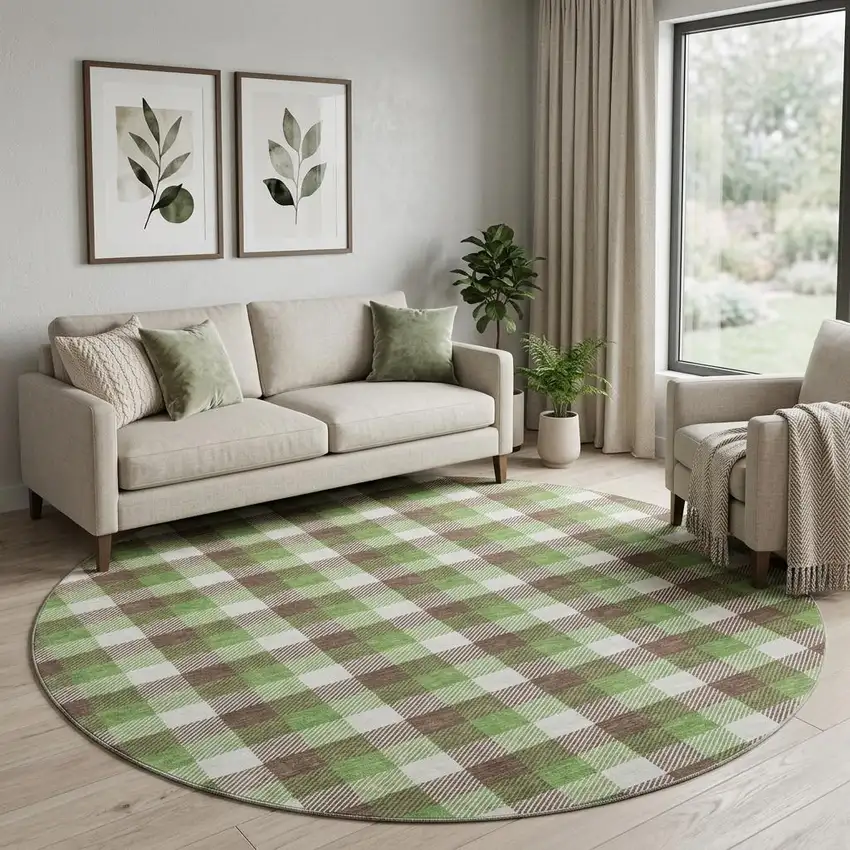 8' Brown Ivory And Green Plaid Washable Round Rug With UV Protection Photo 1