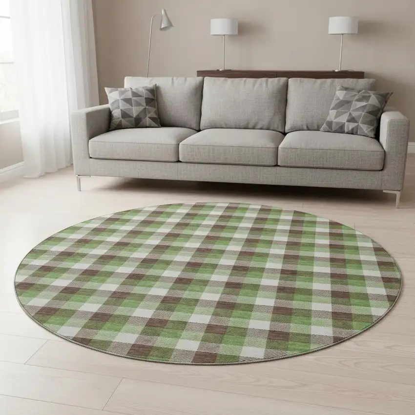 8' Brown Ivory And Green Plaid Washable Round Rug With UV Protection Photo 2