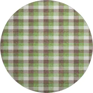 Photo of 8' Brown Ivory And Green Plaid Washable Round Rug With UV Protection