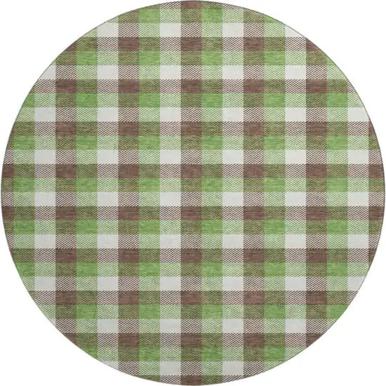 8' Brown Ivory And Green Plaid Washable Round Rug With UV Protection Photo 1