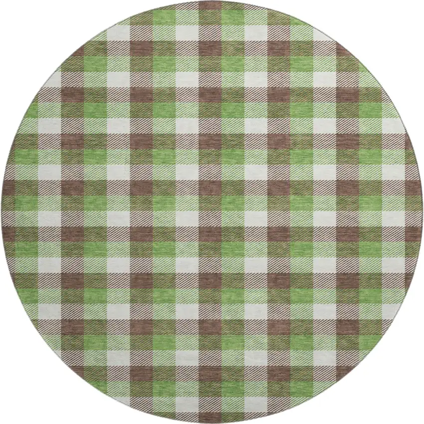8' Brown Ivory And Green Plaid Washable Round Rug With UV Protection Photo 1