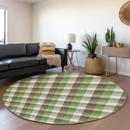 8' Brown Ivory And Green Plaid Washable Round Rug With UV Protection Photo 4