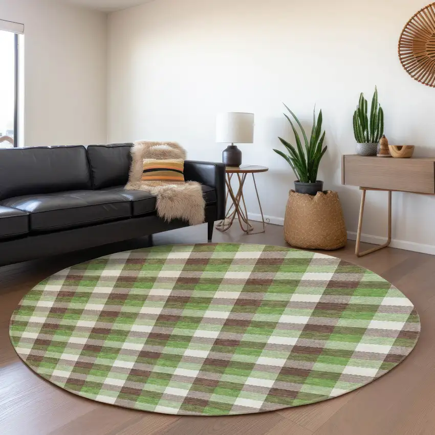 8' Brown Ivory And Green Plaid Washable Round Rug With UV Protection Photo 4