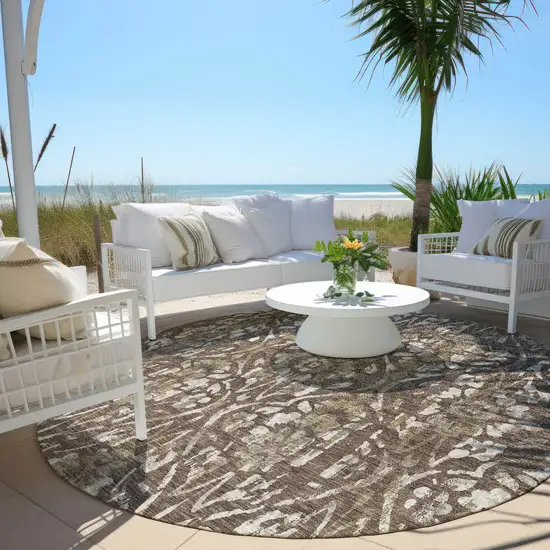 8' Brown Ivory And Green Round Floral Washable Indoor Outdoor Area Rug Photo 6