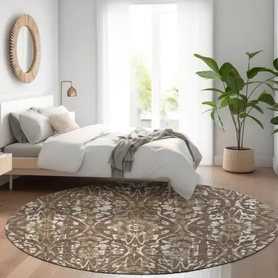 8' Brown Ivory And Green Round Floral Washable Indoor Outdoor Area Rug Photo 7