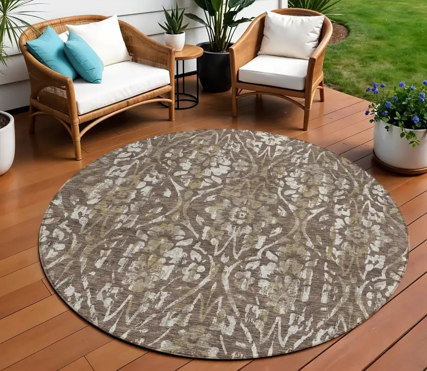 8' Brown Ivory And Green Round Floral Washable Indoor Outdoor Area Rug Photo 1