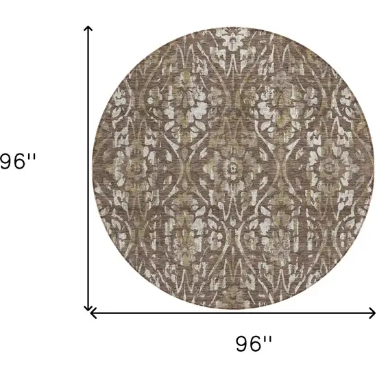 8' Brown Ivory And Green Round Floral Washable Indoor Outdoor Area Rug Photo 3