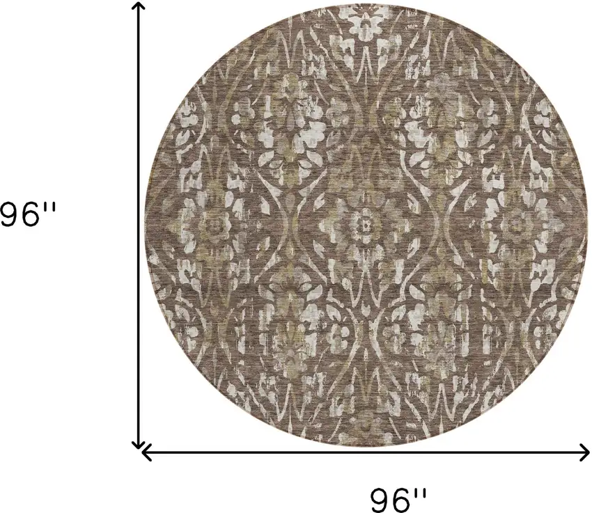 8' Brown Ivory And Green Round Floral Washable Indoor Outdoor Area Rug Photo 3