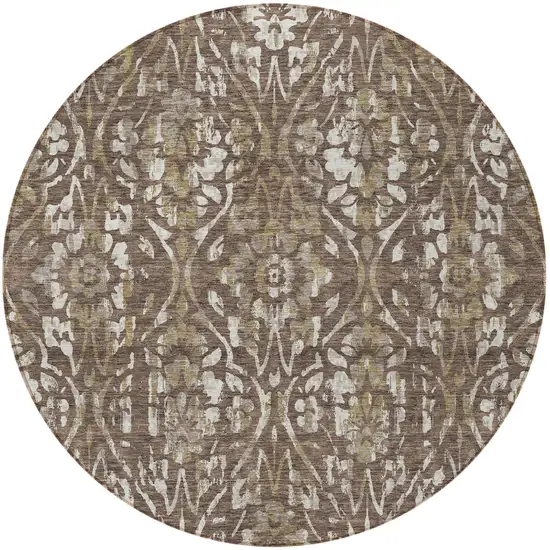 8' Brown Ivory And Green Round Floral Washable Indoor Outdoor Area Rug Photo 5