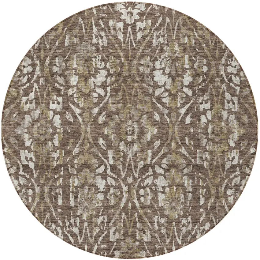 8' Brown Ivory And Green Round Floral Washable Indoor Outdoor Area Rug Photo 5