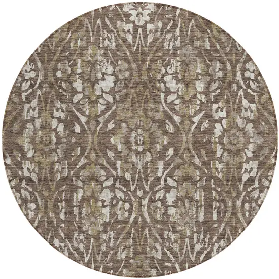 8' Brown Ivory And Green Round Floral Washable Indoor Outdoor Area Rug Photo 2