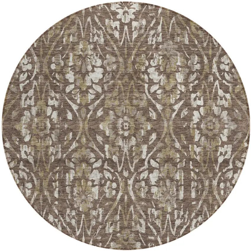 8' Brown Ivory And Green Round Floral Washable Indoor Outdoor Area Rug Photo 2