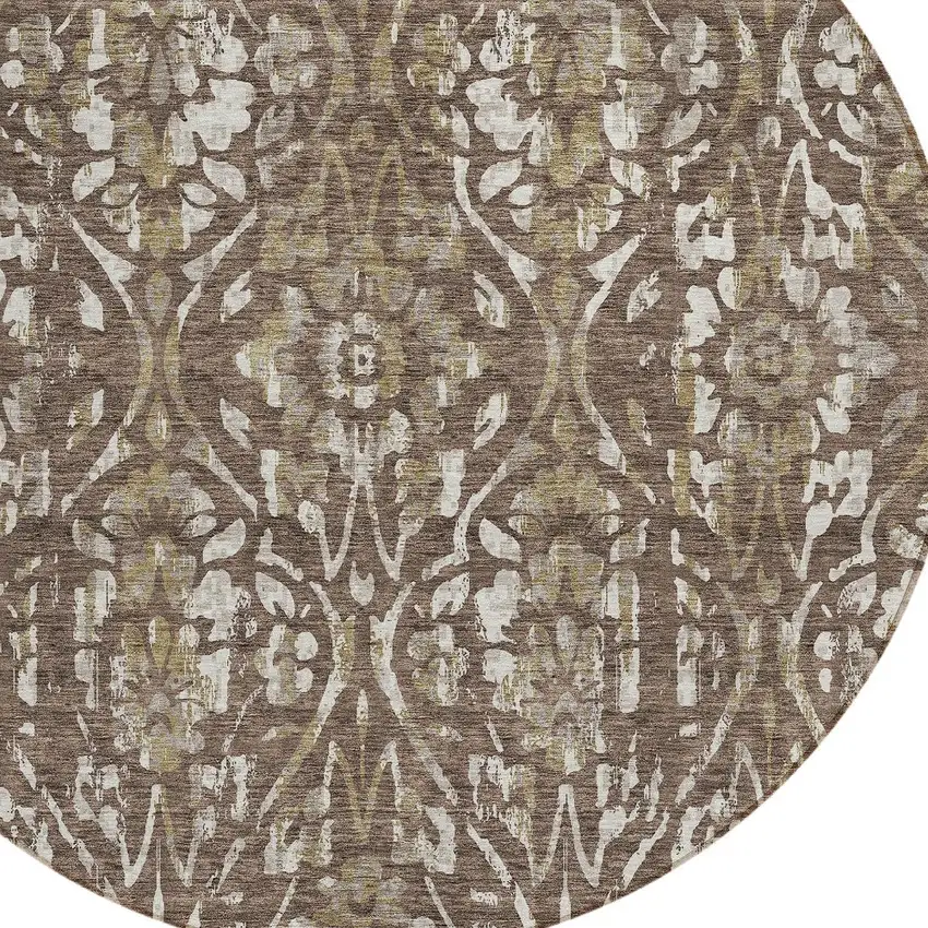 8' Brown Ivory And Green Round Floral Washable Indoor Outdoor Area Rug Photo 4