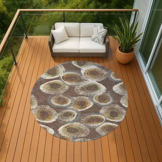 8' Brown Ivory And Green Round Geometric Washable Indoor Outdoor Area Rug Photo 9