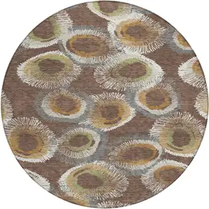 Photo of 8' Brown Ivory And Green Round Geometric Washable Indoor Outdoor Area Rug