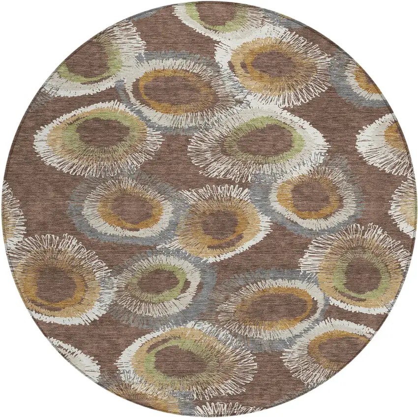 8' Brown Ivory And Green Round Geometric Washable Indoor Outdoor Area Rug Photo 2