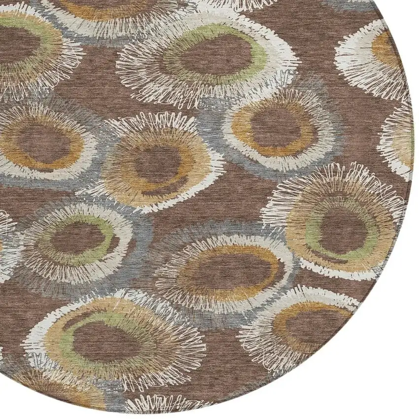 8' Brown Ivory And Green Round Geometric Washable Indoor Outdoor Area Rug Photo 6