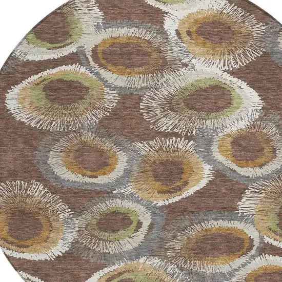 8' Brown Ivory And Green Round Geometric Washable Indoor Outdoor Area Rug Photo 7