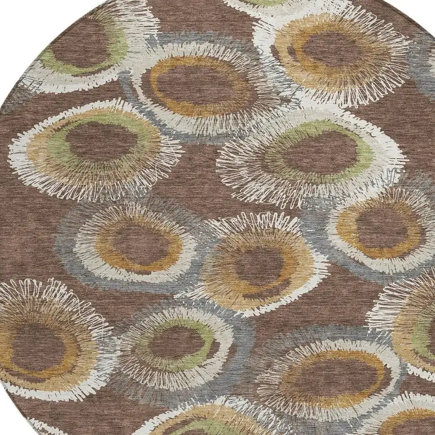 8' Brown Ivory And Green Round Geometric Washable Indoor Outdoor Area Rug Photo 7