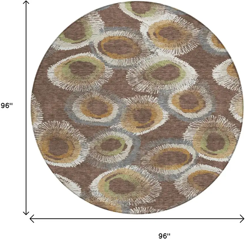 8' Brown Ivory And Green Round Geometric Washable Indoor Outdoor Area Rug Photo 3