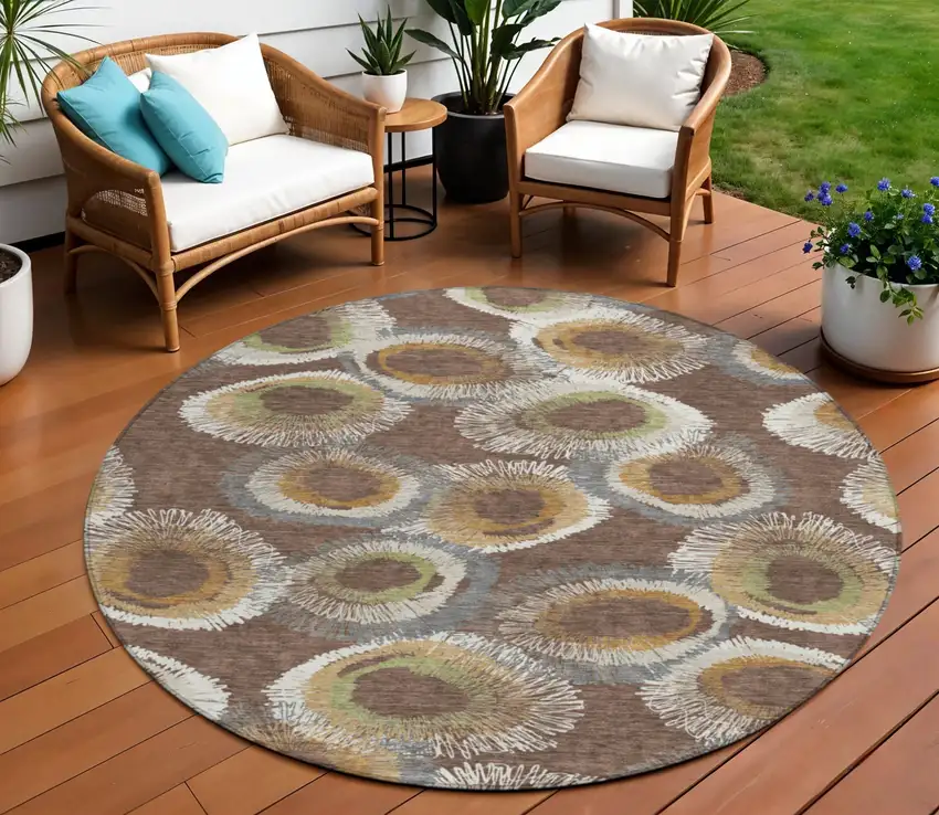 8' Brown Ivory And Green Round Geometric Washable Indoor Outdoor Area Rug Photo 1