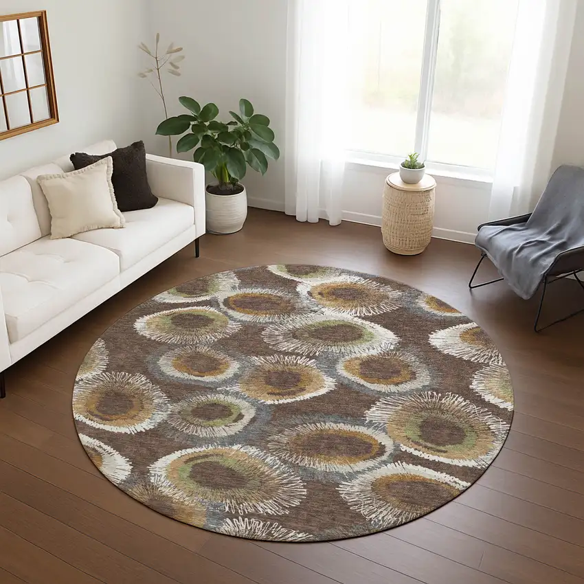 8' Brown Ivory And Green Round Geometric Washable Indoor Outdoor Area Rug Photo 9