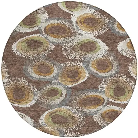 8' Brown Ivory And Green Round Geometric Washable Indoor Outdoor Area Rug Photo 5