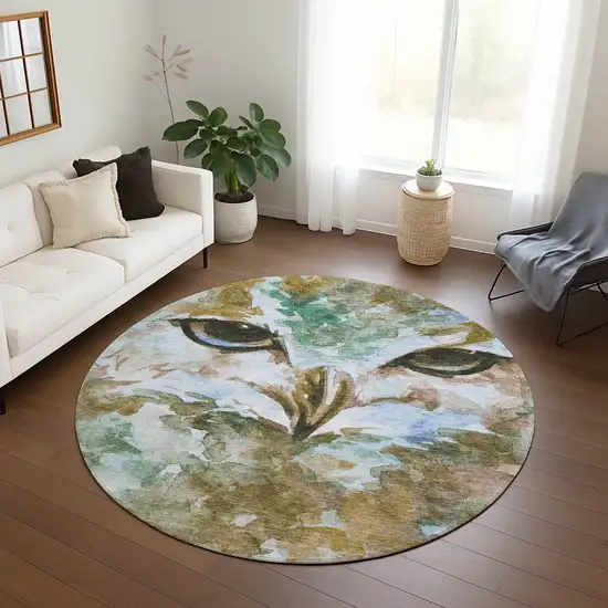 8' Brown Ivory And Green Round Owl Washable Indoor Outdoor Area Rug Photo 9