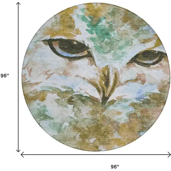8' Brown Ivory And Green Round Owl Washable Indoor Outdoor Area Rug Photo 3