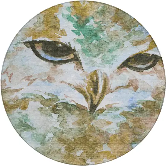 8' Brown Ivory And Green Round Owl Washable Indoor Outdoor Area Rug Photo 2
