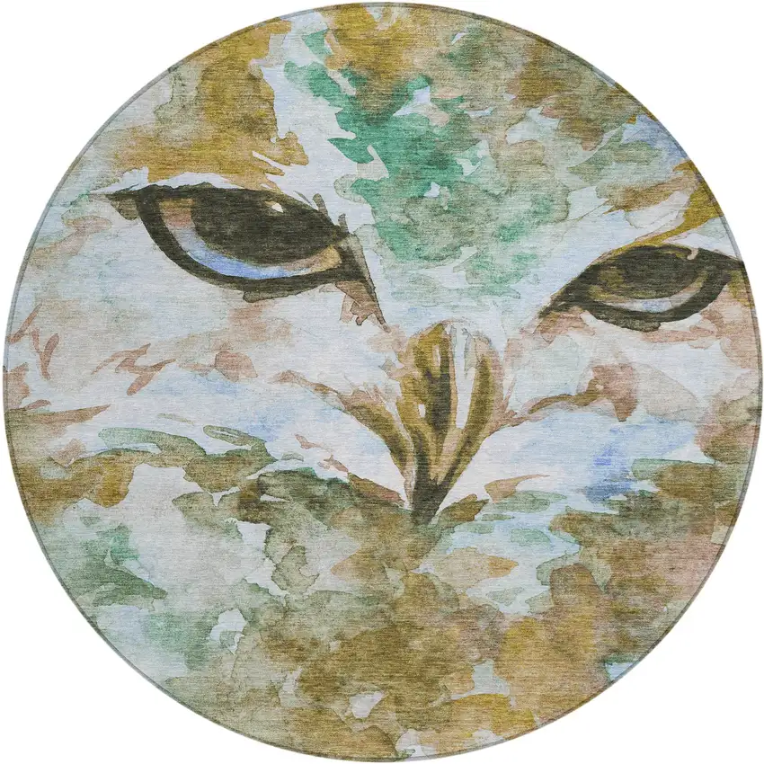 8' Brown Ivory And Green Round Owl Washable Indoor Outdoor Area Rug Photo 2