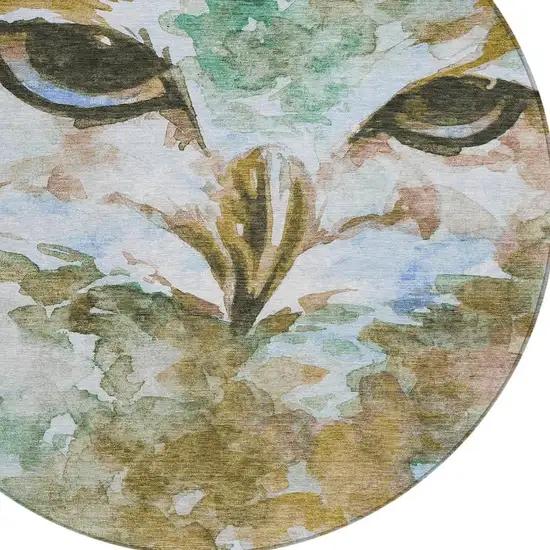 8' Brown Ivory And Green Round Owl Washable Indoor Outdoor Area Rug Photo 6
