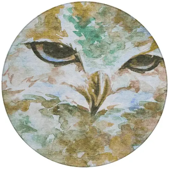 8' Brown Ivory And Green Round Owl Washable Indoor Outdoor Area Rug Photo 4