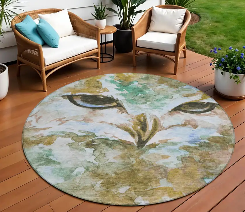 8' Brown Ivory And Green Round Owl Washable Indoor Outdoor Area Rug Photo 1