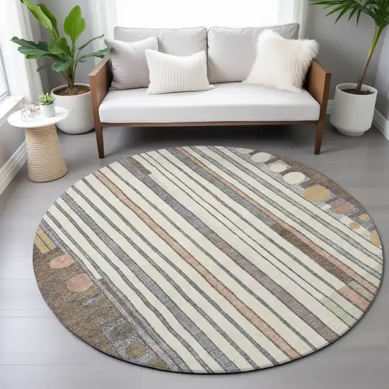 8' Brown Ivory And Peach Round Geometric Washable Indoor Outdoor Area Rug Photo 7