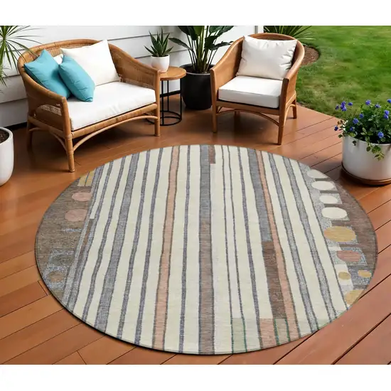8' Brown Ivory And Peach Round Geometric Washable Indoor Outdoor Area Rug Photo 2