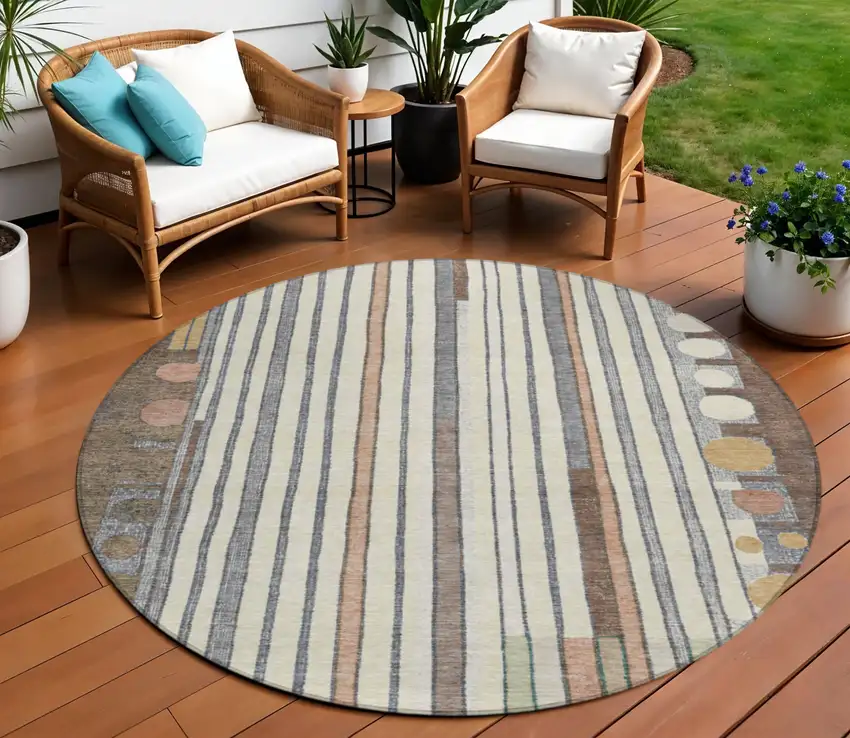 8' Brown Ivory And Peach Round Geometric Washable Indoor Outdoor Area Rug Photo 2