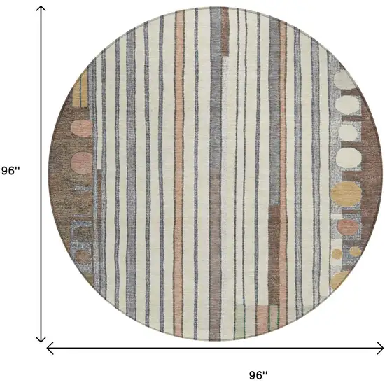 8' Brown Ivory And Peach Round Geometric Washable Indoor Outdoor Area Rug Photo 8